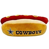 Pets First NFL Dallas Cowboys HOT Dog Plush Dog & CAT Squeak Toy - Cutest HOT-Dog Snack Plush Toy for Dogs & Cats with Inner Squeaker & Beautiful Football Team Name/Logo, 8 x 5 x 3 Inches