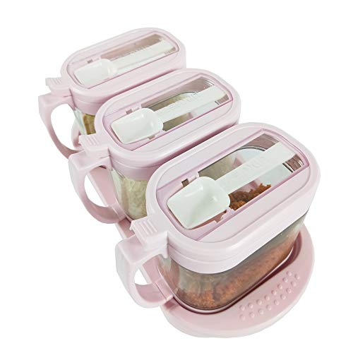 TENTA KITCHEN Transparent glass condiment Jar Seasoning Box Set Spice Jar Kitchen Condiment Container Cruet with Lid & Spoon Kitchen Utensils, 3pcs/set with tray-ZENXIN (Pink color)