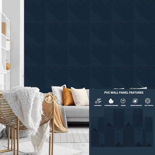 Image of Kayra Decor Wall Panels for Bedroom PVC Artisian Design Navy Blue Color 19.7 inch x 19.7 inch (Pack of 12) - Covers 32.34 Sq. Ft.
