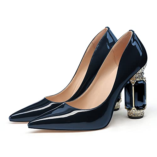 Image of JANSEVEN Women Chunky Heels Pumps Crystal Block Heels with Rhinestones Pointed Toe Sexy Gradient Patent Leather Slip on Bridal Party Wedding Dress Shoes 5-13 M US