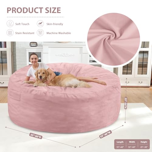 6FT Bean Bag Chair, Large Bean Bag Chairs with Memory Foam Filled, Fluffy Beanbag Sofa with Dutch Velvet Cover, Round BeanBag Chairs for Living Room, Playroom- Light Pink