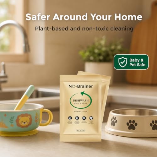Image of NO BRAINER Dishwash Powder to Liquid | Natural Plant-Based, Non-Toxic Liquid | Hard on Grease, Easy on Hands | No Residue | Baby & Pet Safe | No Plastic Waste | Lime (Bottle + 1 Pouch for 500ml)