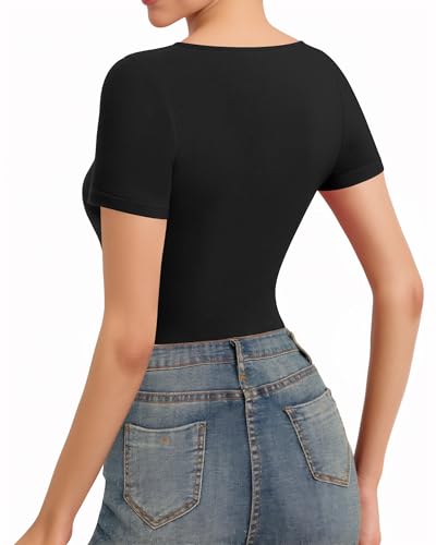 MANGOPOP Women's Cross Wrap Ruched Plunge Sexy Deep V Neck Slim Fit Short Sleeve T Shirt Tunic Tops Tee3