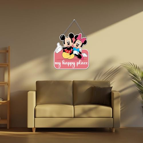 Image of GIFTMEBAZAR My Happy Place With Mickey Mouse Cartoon Theme Wooden Wall Hanging For Home, Living Room & Office Decor | Wall Art | Modern Decor Item