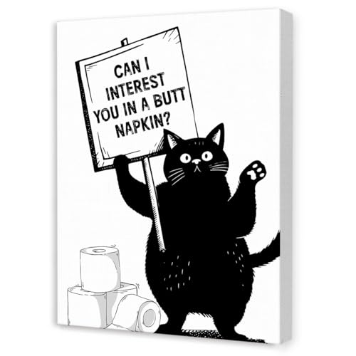 Funny Bathroom Canvas Art,Can I Interest You in a Butt Napkin Sign,Black Cat Bathroom Wall Decor for Toilet Washroom Powder Room
