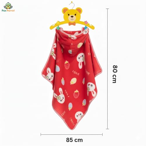 Image of Ultra-Soft Baby Hooded Blanket | Newborn Baby Wrapping | Coral Fleece Material Hypoallergenic | Towel Cum Blanket with Teddy Design (0-3Years) (Red)