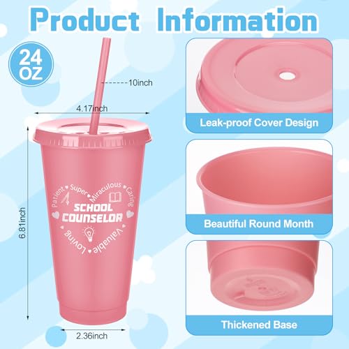 Meanplan 24 Pcs School Counselor Gifts Bulk 24 oz Plastic Tumbler with Lids and Straws Thank You Cups Travel Mugs Inspirational School Teacher Appreciation Week Gifts for Women Men