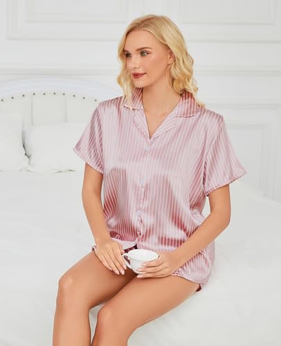 Image of Satin Pajamas for Women, Notch Neck PJ Adjustable Drawstring Shorts | Silky pajama set for women with a lightweight drape. Breathable feel, stays soft after wash