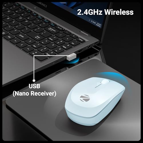 Image of Zebronics Wireless Mouse, 2.4GHz, 3200 DPI, 3 Buttons, Comfortable & Ergonomic, USB Nano Receiver, On /Off Switch, Power-Saving Mode, Works on Most Surfaces, for Mac | Laptop | Computer (Freego, Blue)