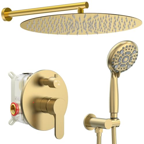 Image of SR SUN RISE Shower Faucet - 16 Inch Multifunctional High Pressure Shower Head System with Handheld Shower Head Fixtures - Valve Included - Brushed Gold