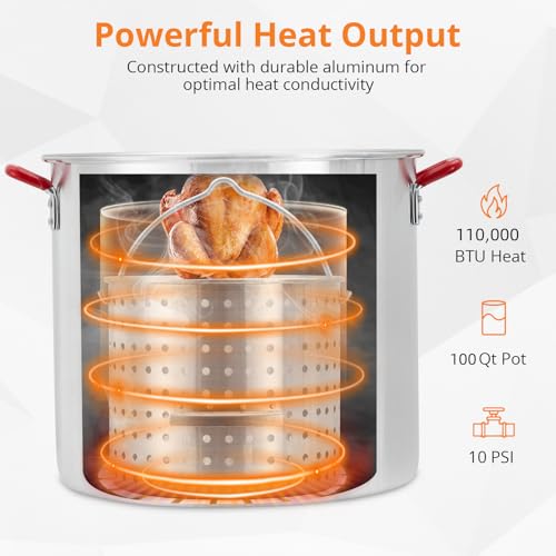 Outdoor Fryer, 100 Qt Seafood Boil Pot with Basket & Burner, Fish Fryer Boiler Steamer Set, Aluminum Propane Seafood Boiler with 10 PSI Regulator, 110,000 Btu, Crab Crawfish Boiler