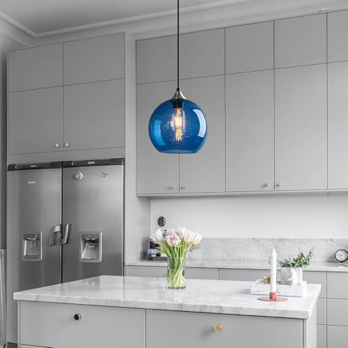 Image of Blue Glass Pendant Lights Kitchen Island Lighting Globe Pendant Light Fixtures Modern Pendant Lighting for Kitchen Island Bedroom Living Dining Room Light Fixture(7.87in, 2-Pack)
