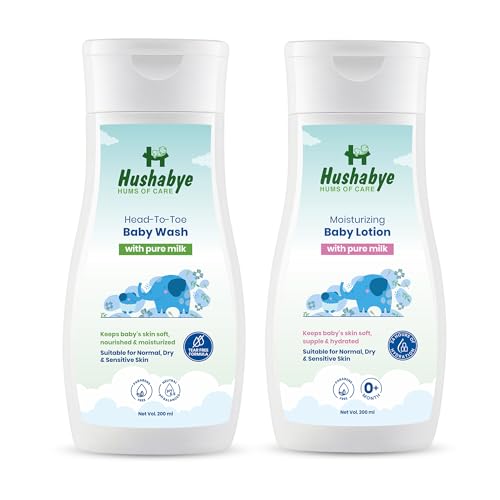 Image of Hushabye Moisturizing Baby Lotion & Head to Toe Baby Wash with Milk Protein | Paraben & Sulphate Free, pH Balanced for All Skin Types | Newborn Bath Gift Set, 200ml Each, Combo Pack of 2