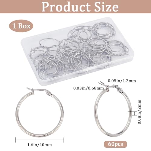 SOFPLATE 1 Box 40mm 60pcs Large Hoop Earring Findings Silver Beading Hoops Stainless Steel Dangle Circle Earring Findings Hoop Earrings Open Earring Hoops For Jewellery Making Supplies Diy Craft - Image 2