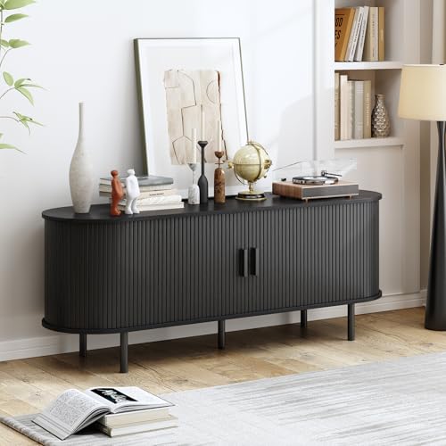 Image of 55 inch TV Stand with Power Outlet, Modern Media Console with Sliding Doors, Entertainment Center for TVs up to 60 Inch, Adjustable Shelves, Black