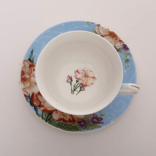 ufengke 7oz Flora Coffee Cup Set,Porcelain Cappuccino Cups with Saucers and Spoon,Set of 6 Ceramic Tea Cup and Saucer Set-Light Blue