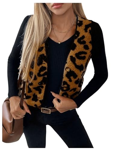 SHENHE Women's Leopard Print Sleeveless Button Down Jacket Lightweight Coat Outerwear Vests