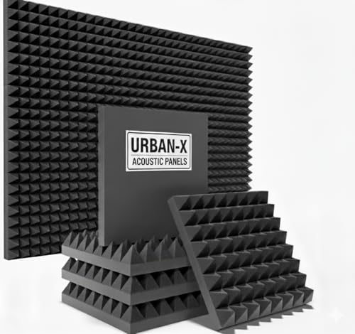 Image of URBAN-X Pyramid Acoustic Foam Panels 12 inch X 12 inch X 2 inch, 38 Kg /m High Density Soundproofing Studio Foam for Noise & Echo Reduction, Sound Absorption, 3D Design (Charcoal Black, Set of 9)