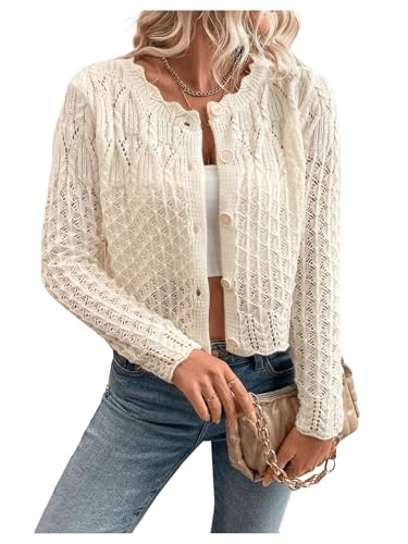 Image of GORGLITTER Women's Button Up Cropped Cardigan Fall Sweaters Lightweight Open Front Cute Long Sleeve Crochet Knit Tops