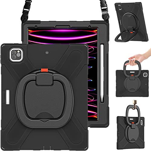 Braecn Ipad Pro 12.9 2022/2021/2020/2018 Case, Rugged Ipad Pro 12.9 6Th/5Th/4Th/3Rd Generation Case With Kickstand/Swivel Handle Grip/Shoulder Strap/Wireless Apple Pencil Charging Pencil Holder, Black #TOP12