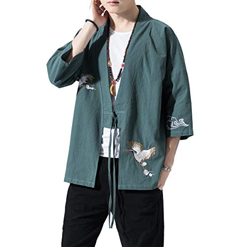 Image of PRIJOUHE Men's Kimono Jackets Cardigan Lightweight Casual Cotton Blends Linen Seven Sleeves Open Front Coat Outwear