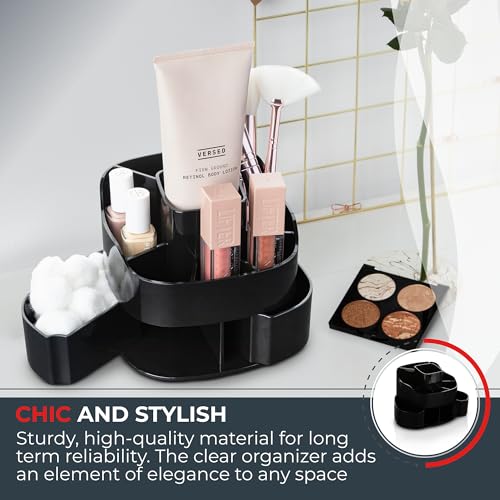 Image of Masirs 360 Rotating Makeup Organizer for Vanity - Small Acrylic Cosmetic Storage Caddy with 5 Compartments, Mini Lazy Susan Turntable for Bathroom Counter, Skincare, Perfume, Brushes, Black
