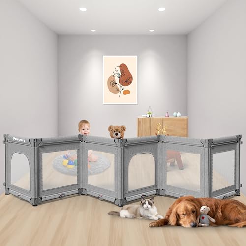 Foldable Dog Gate for Stairs, 165" W x 28" H Pet Gate for Doorways, 6 Panels Baby Gates Indoor Baby Play Fence, Grey (Drilling Needed)