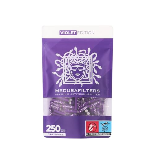 Medusafilters 250 Stück 6mm Ø Slim Premium Aktivkohlefilter mit veganen Fasercaps & Kokos Aktivkohle | Filter mit 25mm Länge made in Germany (VIOLET EDITION)