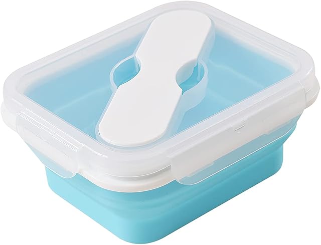 ionEgg Silicone Lunch Box with Spoon & Fork, Bento Box, Collapsible Food Storage Container with Clip-on Lid, 600ml