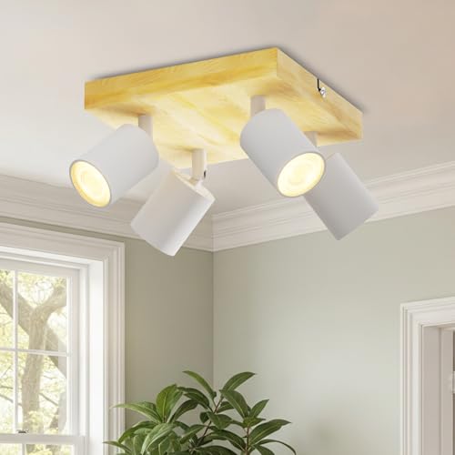 LVWIT Plafonnier 4 Spots LED GU10, Luminaires Intérieur Blanc, Plafonnier Bois avec Base Carré, Spot Led Chambre, Applique Murale Salon, Lustre Cuisine(Sans...