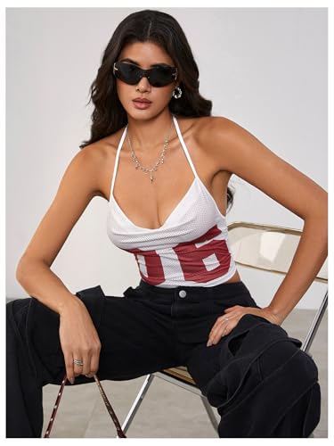 MakeMeChic Women's Y2k Jersey Shirts Letter Print Top Halter Top Draped Tie Backless Lace Up Tank Crop Tops4