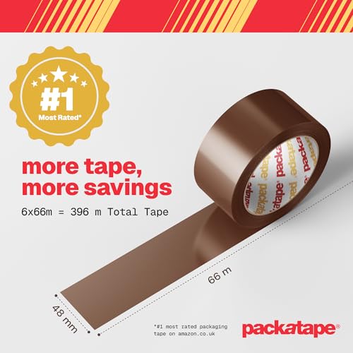 Packatape Brown Packing Tape for Parcels and Boxes - Heavy Duty Brown Packaging Tape Provides a Strong, Secure and Sticky Seal for your Boxes, 3 Rolls Per Pack, 48MM x 66M