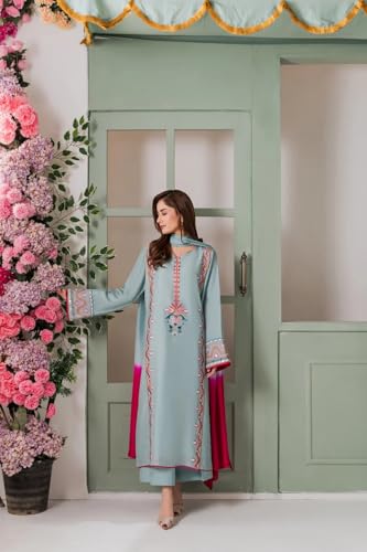 Image of Women's French Crepe Embroidered Mirror Work Kurta Pant Set with Chinon Double Dyeing Dupatta | Straight Ethnic Suit Set | Festive, Party