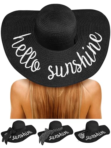 Senker Fashion Beach Hats for Women Floppy Straw Sun Hat Embroidered Wide Brim for Summer Honeymoon Vacation Cruise Black