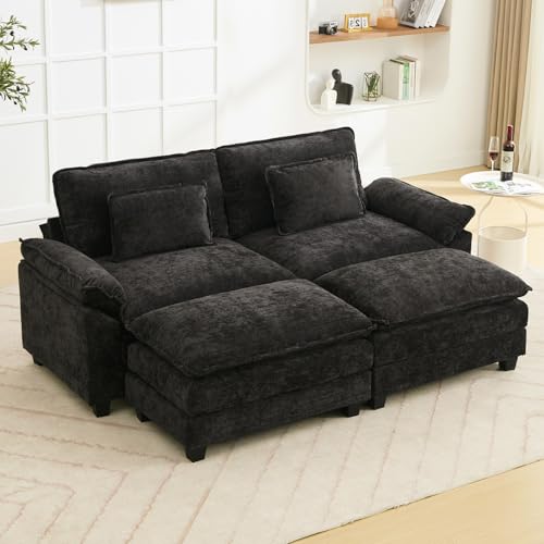 Image of Oprisen 86 inch Modular Sectional Sofa, Comfy Cloud Couch Sectional Sofa with Ottoman, Chenille Sofa Sleeper Deep Seat Sofa with Throw Pillows for Living Room (Black)