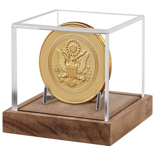 Image of Hooqict Coin Display Case Clear Acrylic Military Challenge Coin Case Display Box UV Protected with Wood Base & Alloy Holder Single Stand for Collectors Medal Poker Chip Collectibles