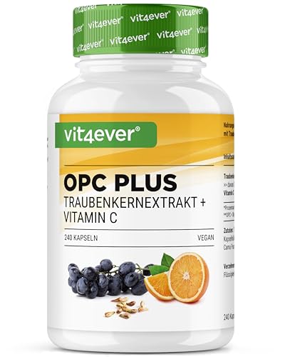 OPC Traubenkernextrakt + natürliches Vitamin C - 240 Kapseln für 8 Monate - Höchster OPC Gehalt nach HPLC - Laborgeprüftes OPC aus europäischen Weintrauben - Vegan