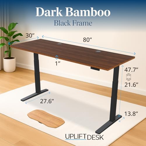 Image of UPLIFTDESK Dark Bamboo (80 x 30 inch) Standing Desk 2-Leg V3 Adjustable Stand Up C-Frame (Black), Advanced Keypad, Wire Grommets, Wire Tray, Rocker Board