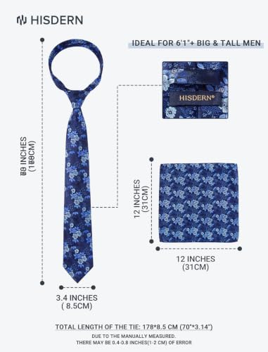 Image of HISDERN Extra Long Ties for Men Classic Floral Tie and Pocket Square Elegant Silk Necktie Handkerchief Set Wedding Party