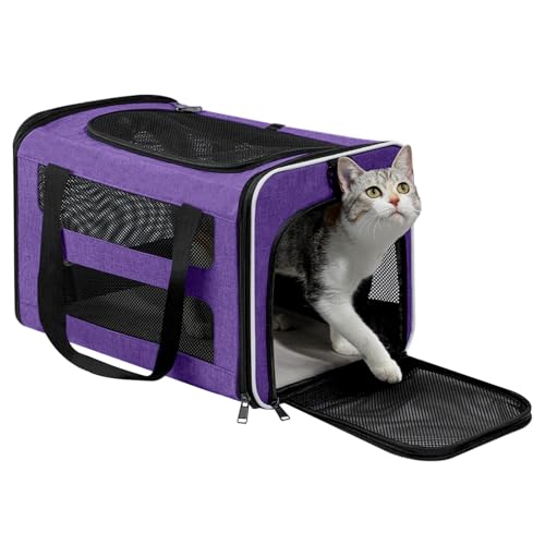Image of Cat Carrier Soft-Sided 18x11x11 Inch Travel Bag for Medium Cats over 15lbs, Small Dog Carrier Crate Top Entry Breathable Mesh Puppy 12 Pounds, Pet Rabbit Carrying Cage Kennel Collapsible Purple