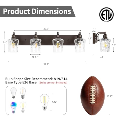 Image of Bathroom Light Fixtures Farmhouse Oil Rubbed Bronze Vanity Lights for Bathroom Lighting Fixtures Over Mirror with Hammered Glass Lampshade for Cabinet Mirror Bedroom Hallway 4 Light