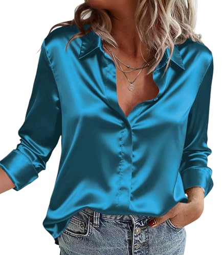 Zeagoo Womens Tops Silk Satin Shirts Long Sleeve Button Down