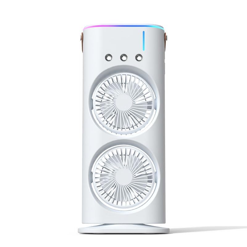 Dual Fan Tower Cooler with LED Lights, White, Portable Air Cooling Humidifier, Desktop Personal Fan