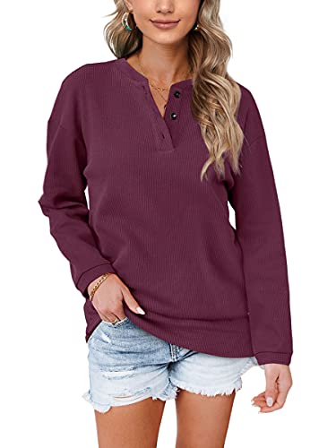 Aokosor Womens Sweatshirts Ladies Jumpers for Women UK Long Sleeve Tops Ladies Loose Sweatshirts with Buttons Plain Size 10-12 Fuchsia