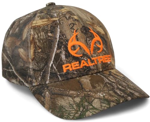 Realtree Edge Blaze Logo Camo Mesh Trucker Cap Hat Snapback Wicking Sweatband Low-Mid Profile Structured Precurved Visor Camouflage Cap Hat