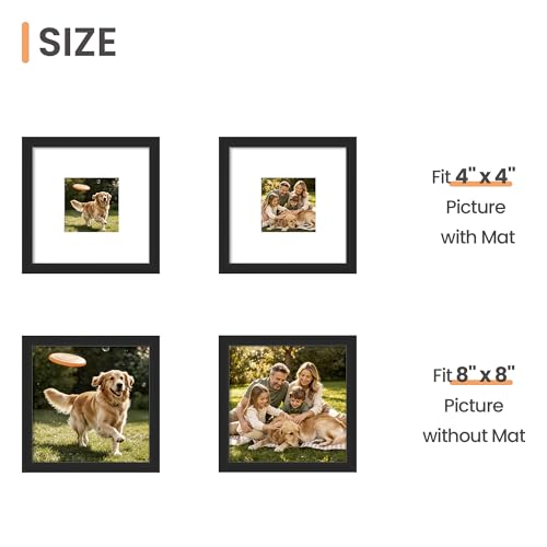 Image of upsimples 8x8 Picture Frame Set of 5, Display Pictures 4x4 with Mat or 8x8 Without, Wall Gallery Poster Frames, Black