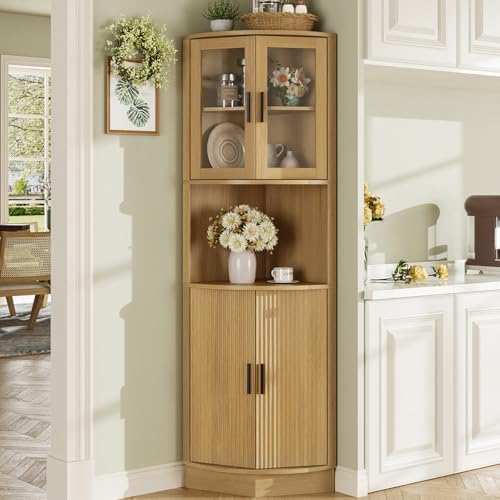 FiveWillowise 64.9' Tall Corner Cabinet, Modern Fluted Storage Cabinet with Glass Door and 5 Storage...
