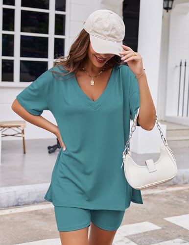 Image of Ekouaer Womens Pajamas 2 Piece Lounge Sets Oversized V Neck T-Shirts Tops Biker Shorts Set Workout Reversible Tracksuit S-XXL