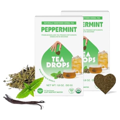 Tea Drops Lightly Sweetened Organic Tea V-Day Bulk Box | Sweet Peppermint | Caffeine Free | Iced or Hot Herbal Tea Beverages Gift Set | Includes Organic Peppermint Oil & Spearmint Leaves | 10 Drops per Box Cover