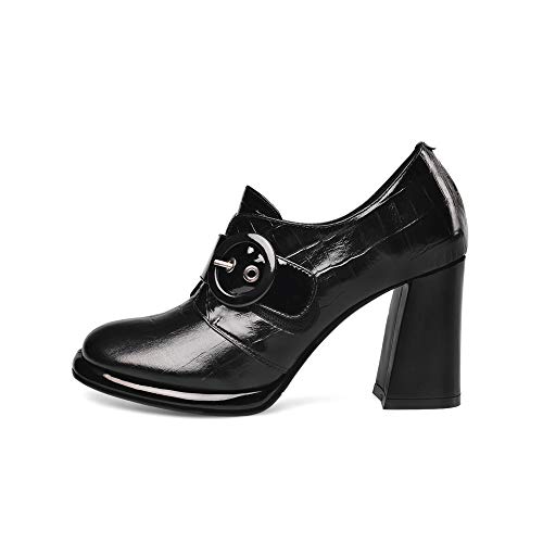 TinaCus Women's Handmade Genuine Leather Round Toe Buckled Trendy Platform High Chunky Heel Slip On Pumps2